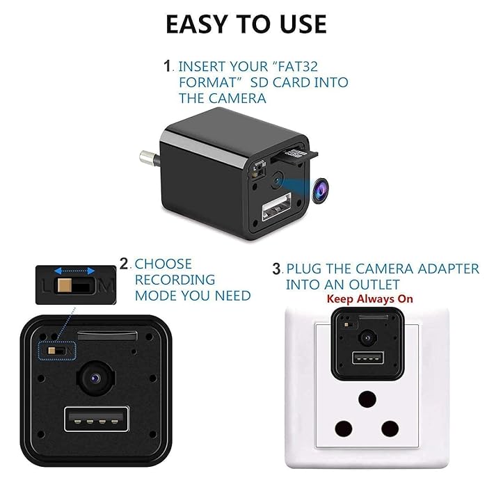 Surveillance Charger Video Camera Recorder Motion Detection Wall Plug With USB Cable