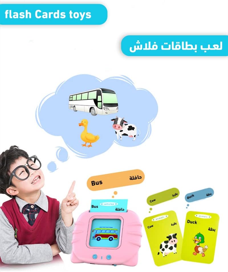 Arabic FlashCards Learning Toys for 3-12 Years Old, The Arabic Pocket Vocab, 112 PCS Audible Flashcards Educational Arabic Talking Toys with 224 Words,12 Theme: Animal/Food,Vehicle...(Cute Pink Color)