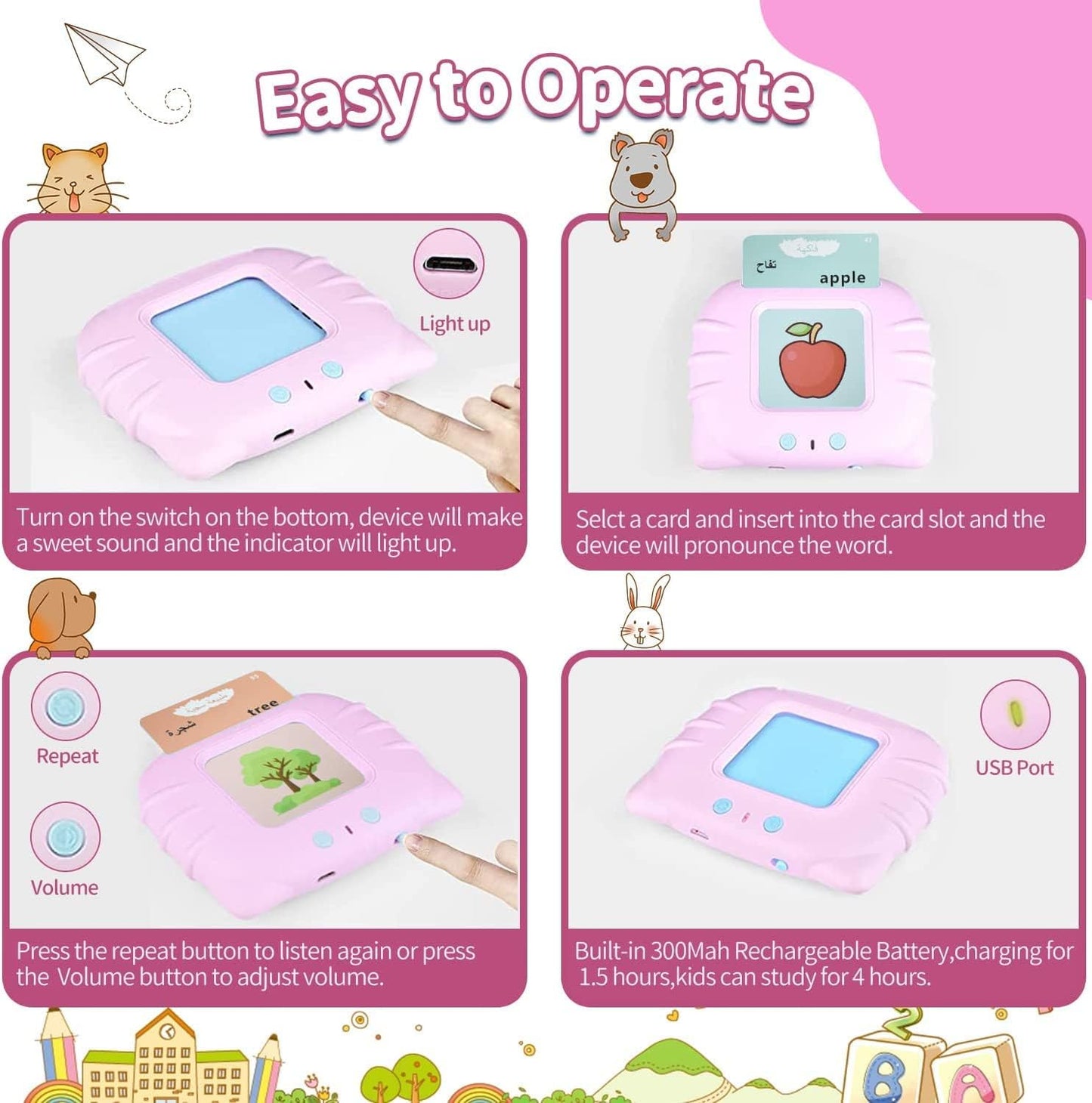 Arabic FlashCards Learning Toys for 3-12 Years Old, The Arabic Pocket Vocab, 112 PCS Audible Flashcards Educational Arabic Talking Toys with 224 Words,12 Theme: Animal/Food,Vehicle...(Cute Pink Color)