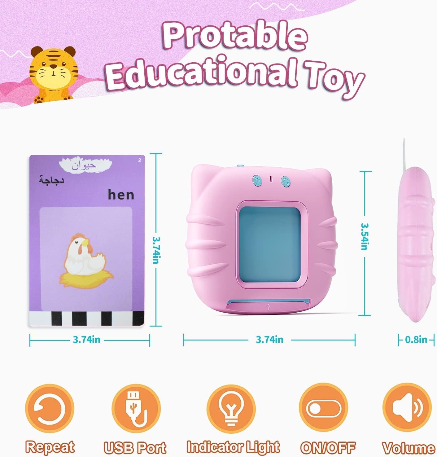 Arabic FlashCards Learning Toys for 3-12 Years Old, The Arabic Pocket Vocab, 112 PCS Audible Flashcards Educational Arabic Talking Toys with 224 Words,12 Theme: Animal/Food,Vehicle...(Cute Pink Color)