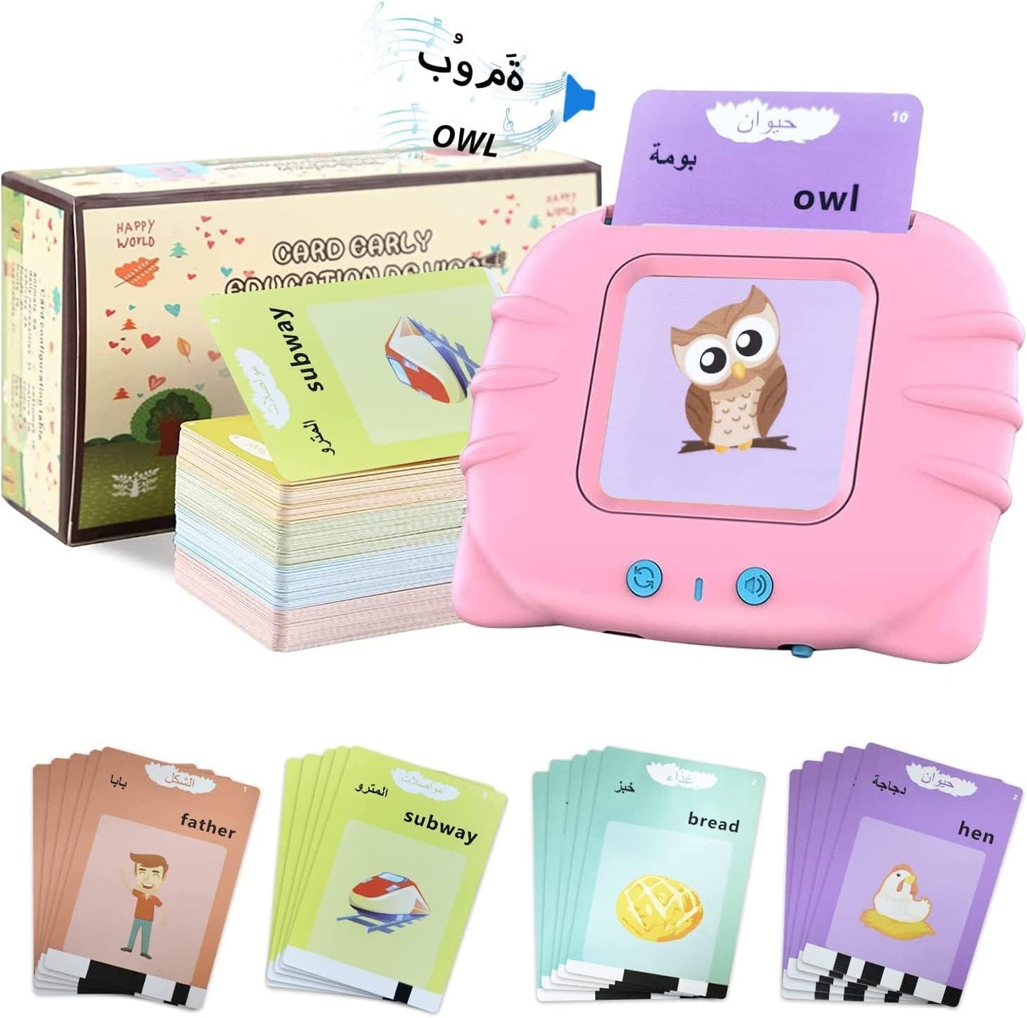 Arabic FlashCards Learning Toys for 3-12 Years Old, The Arabic Pocket Vocab, 112 PCS Audible Flashcards Educational Arabic Talking Toys with 224 Words,12 Theme: Animal/Food,Vehicle...(Cute Pink Color)