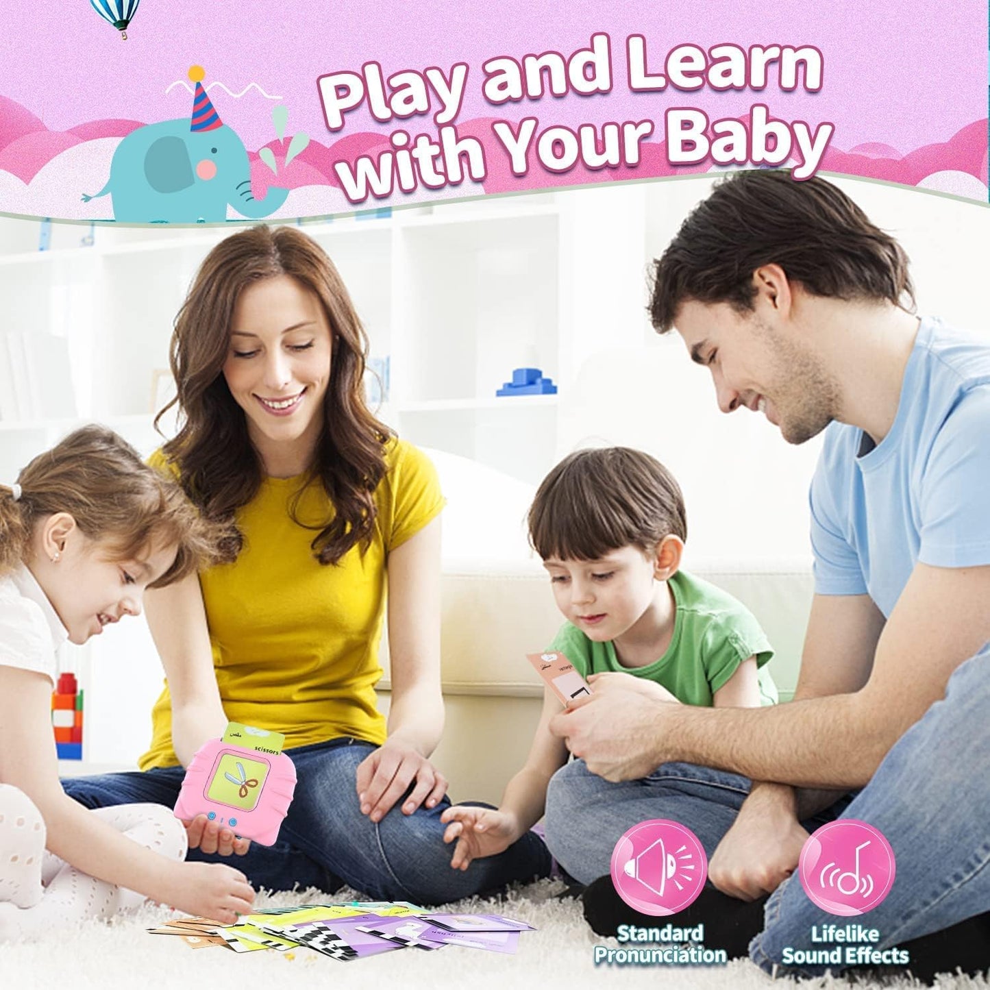 Arabic FlashCards Learning Toys for 3-12 Years Old, The Arabic Pocket Vocab, 112 PCS Audible Flashcards Educational Arabic Talking Toys with 224 Words,12 Theme: Animal/Food,Vehicle...(Cute Pink Color)
